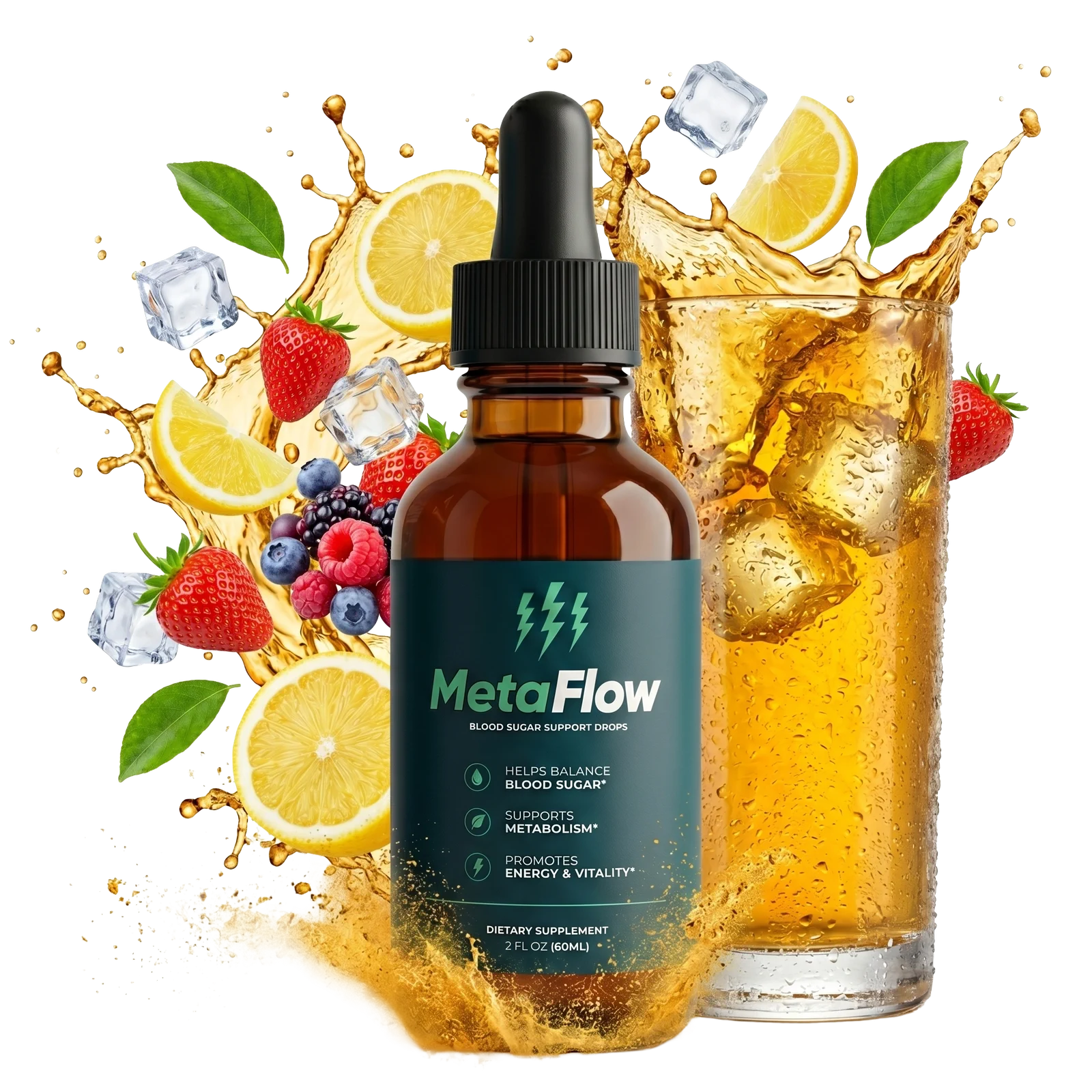 MetaFlow Blood Sugar Support Drops supplement bottle with natural ingredients